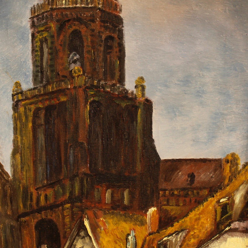 Dipinto olandese firmato Veduta di cattedrale del XX secolo-photo-3