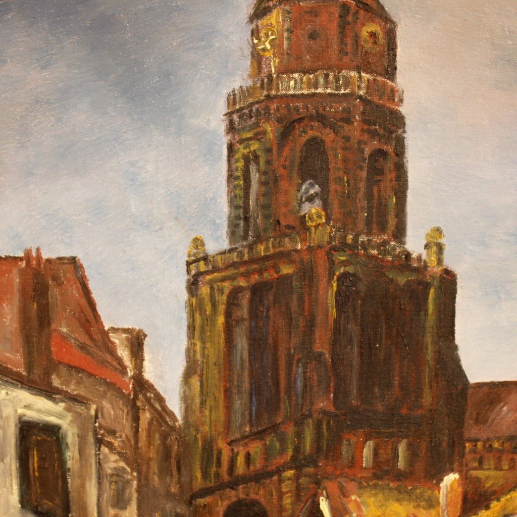 Dipinto olandese firmato Veduta di cattedrale del XX secolo-photo-4