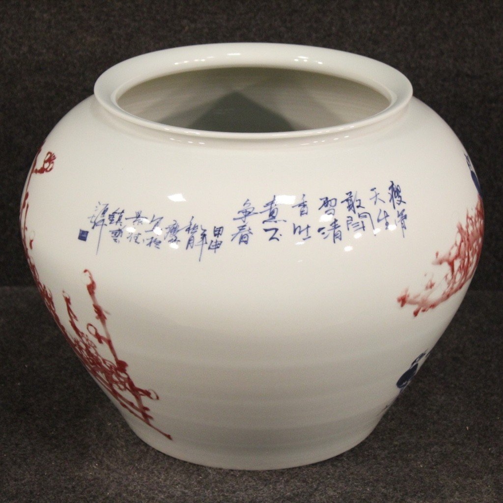Vaso cinese in ceramica dipinta con fiori e animali-photo-3