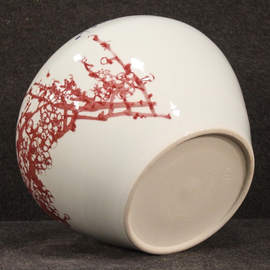 Vaso cinese in ceramica dipinta con fiori e animali-photo-2
