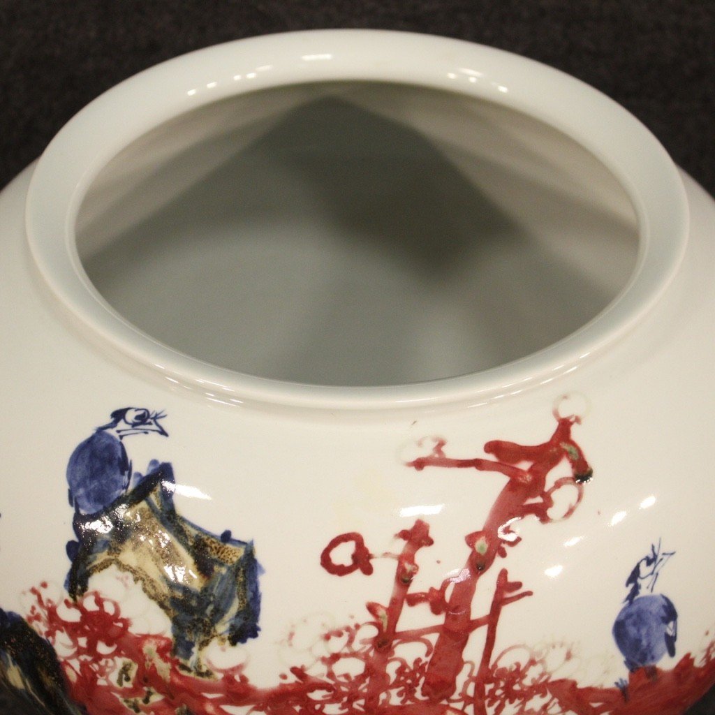 Vaso cinese in ceramica dipinta con fiori e animali-photo-5
