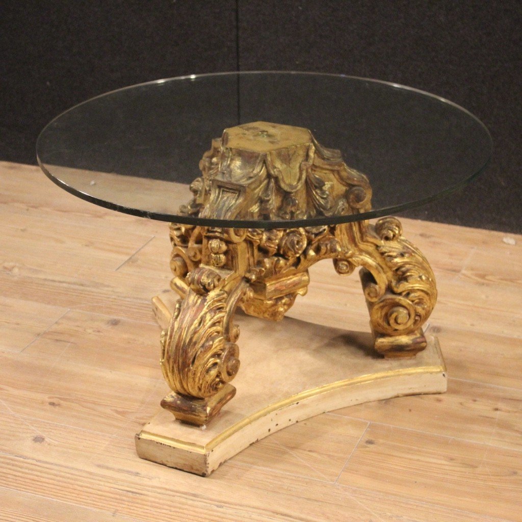 Tavolino rotondo italiano laccato e dorato con piano in cristallo-photo-4