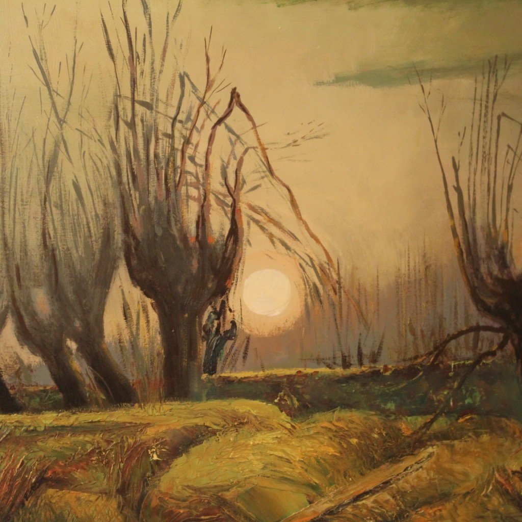 Dipinto italiano firmato paesaggio in stile impressionista del XX secolo-photo-2