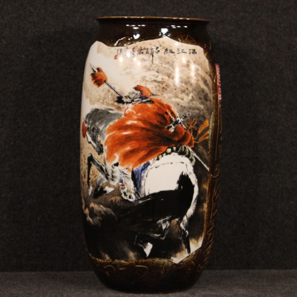 Vaso cinese in ceramica dipinta con guerriero a cavallo-photo-4
