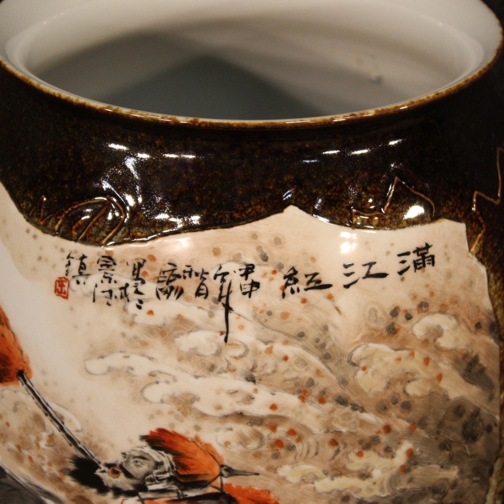 Vaso cinese in ceramica dipinta con guerriero a cavallo-photo-5