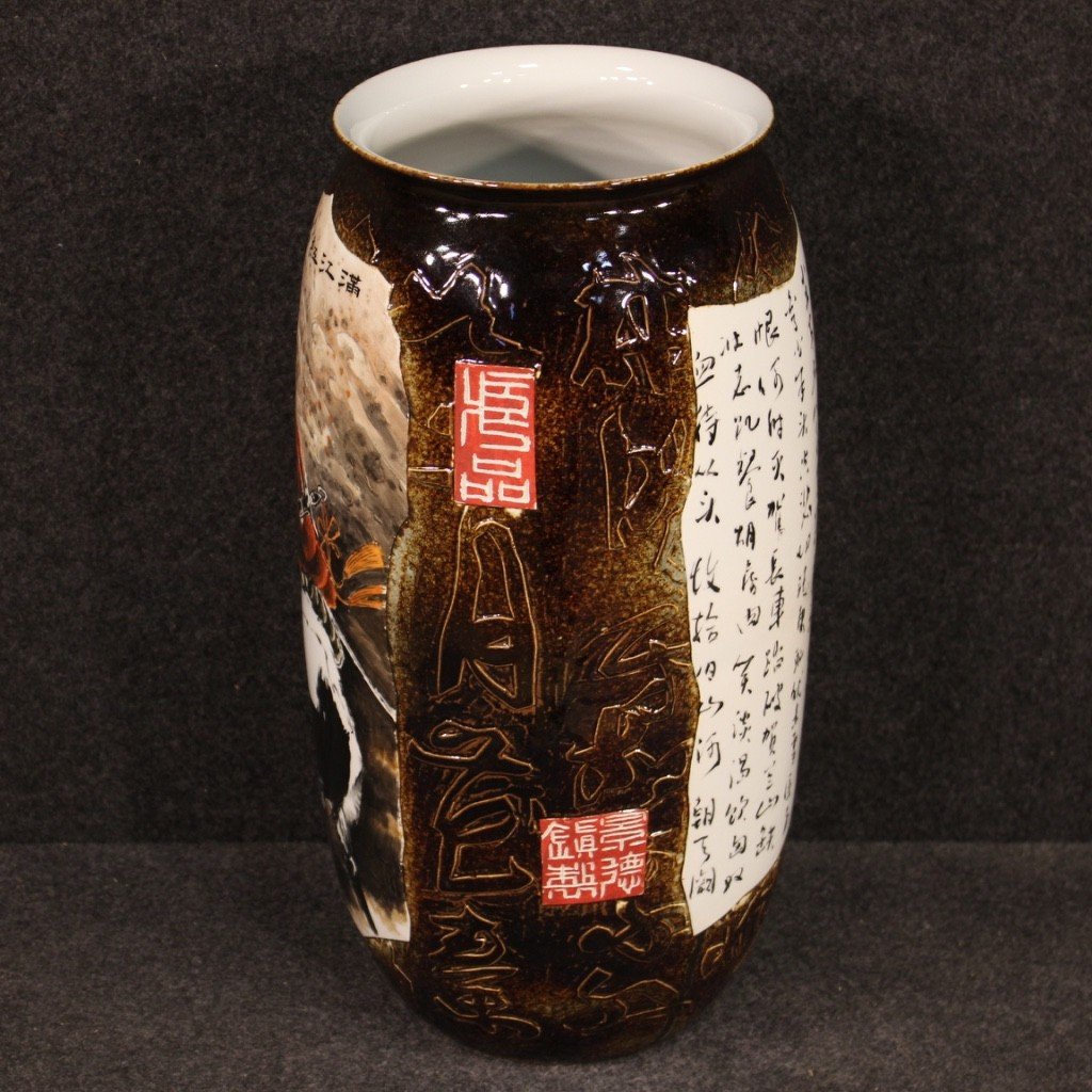 Vaso cinese in ceramica dipinta con guerriero a cavallo-photo-6