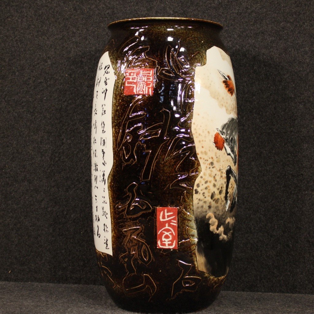 Vaso cinese in ceramica dipinta con guerriero a cavallo-photo-7