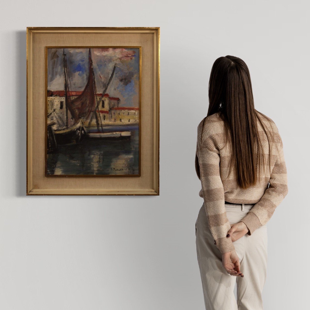 Dipinto italiano firmato veduta di porto con barche del XX secolo-photo-3