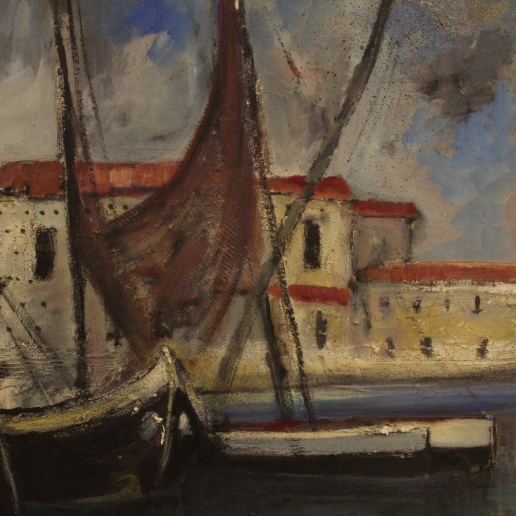 Dipinto italiano firmato veduta di porto con barche del XX secolo-photo-2