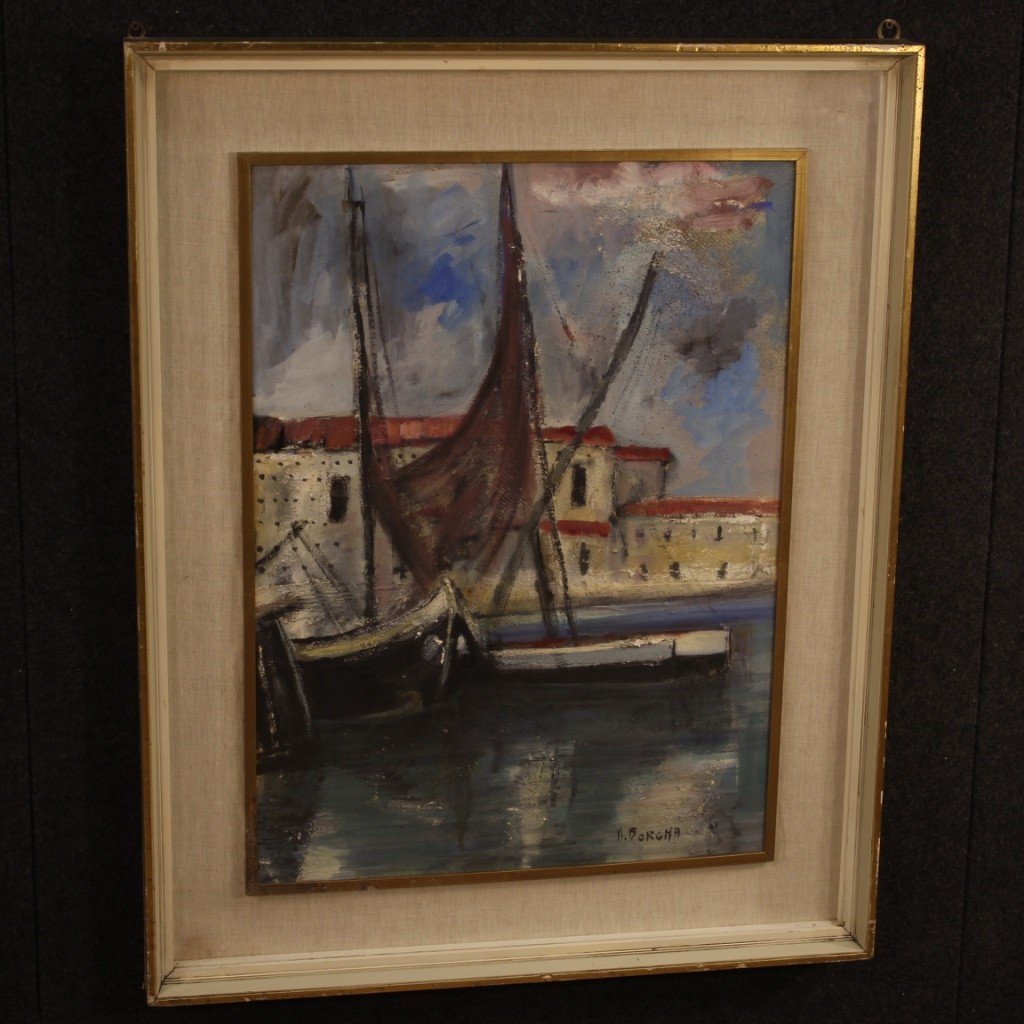 Dipinto italiano firmato veduta di porto con barche del XX secolo-photo-4