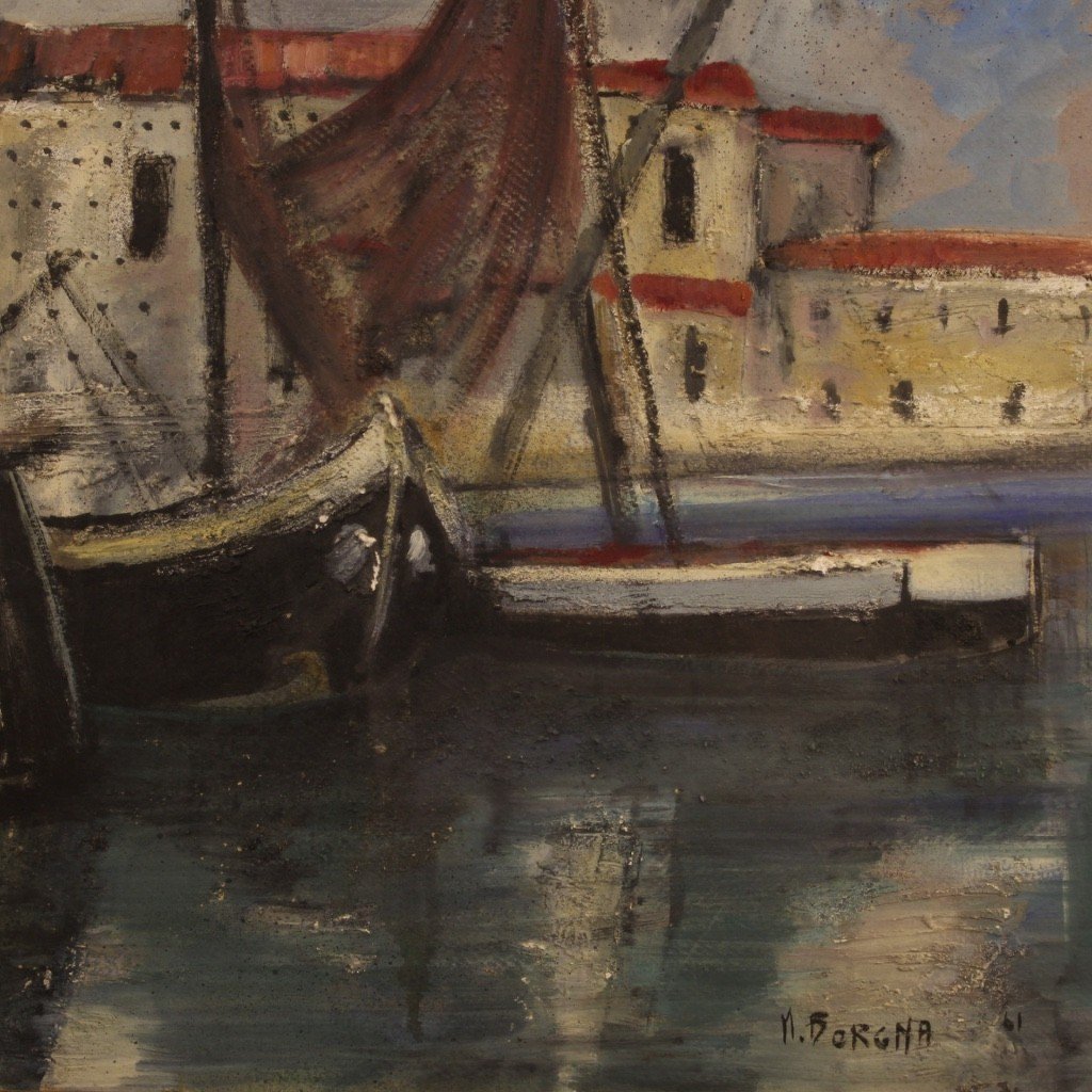 Dipinto italiano firmato veduta di porto con barche del XX secolo-photo-5