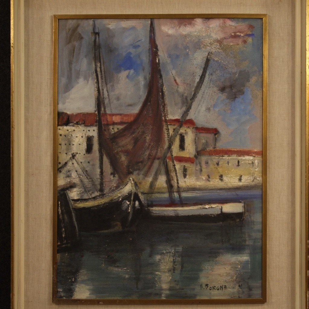 Dipinto italiano firmato veduta di porto con barche del XX secolo-photo-6