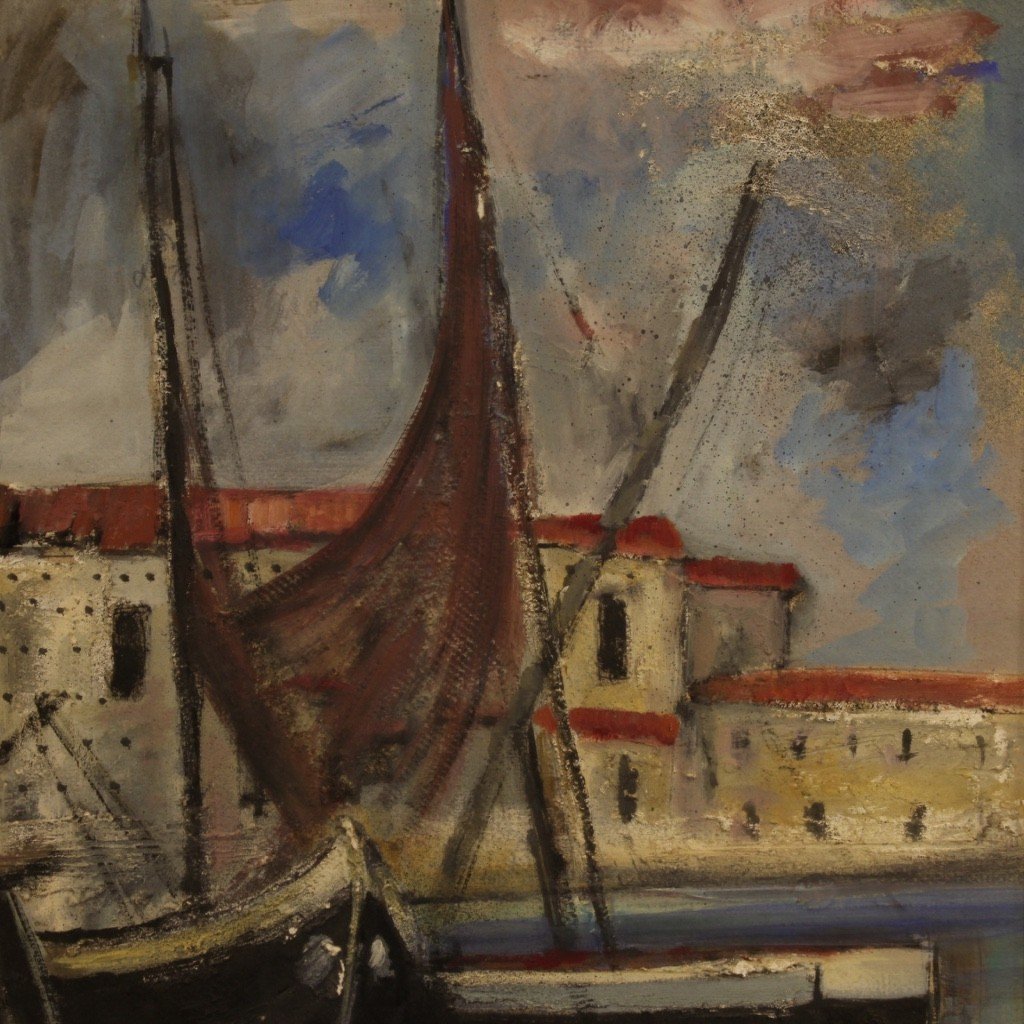 Dipinto italiano firmato veduta di porto con barche del XX secolo-photo-7