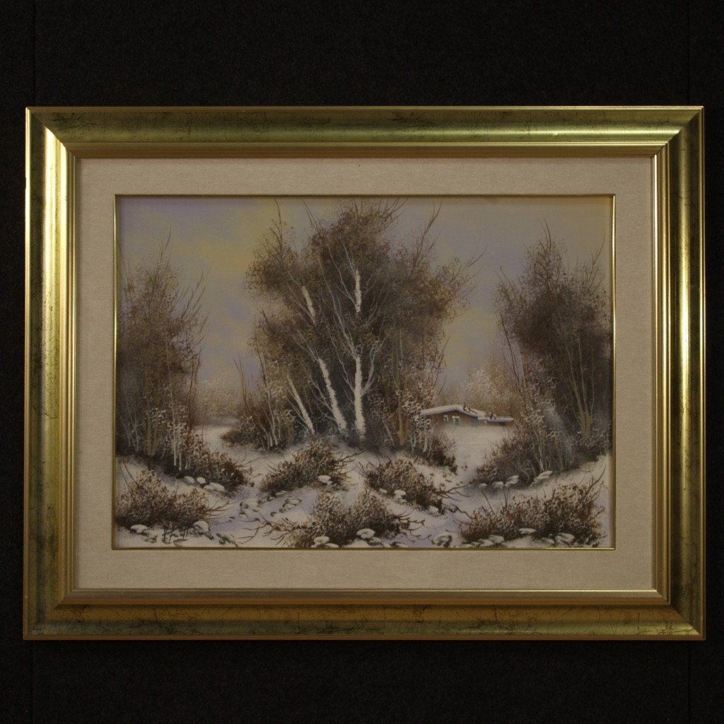 Dipinto italiano paesaggio invernale olio su tela-photo-2