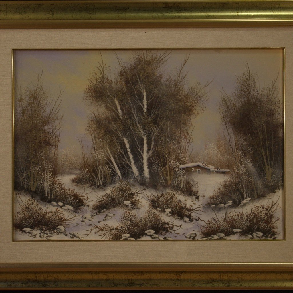 Dipinto italiano paesaggio invernale olio su tela-photo-4