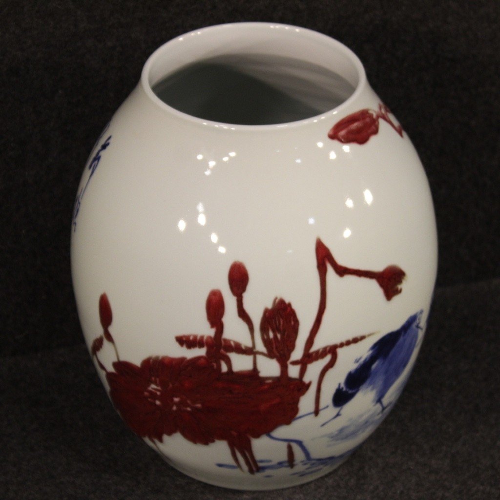 Vaso cinese in ceramica dipinta con decori floreali e animali -photo-2