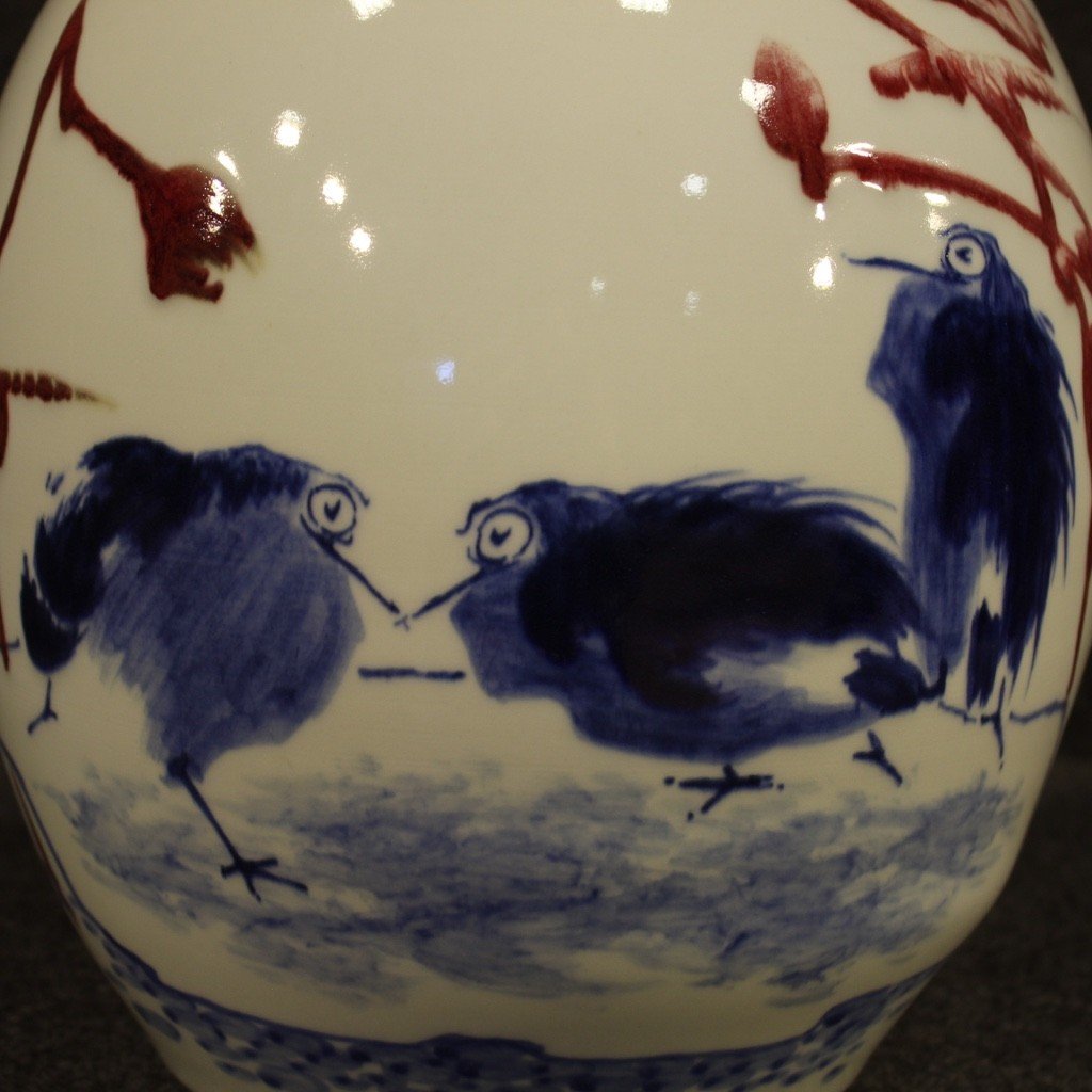 Vaso cinese in ceramica dipinta con decori floreali e animali -photo-7