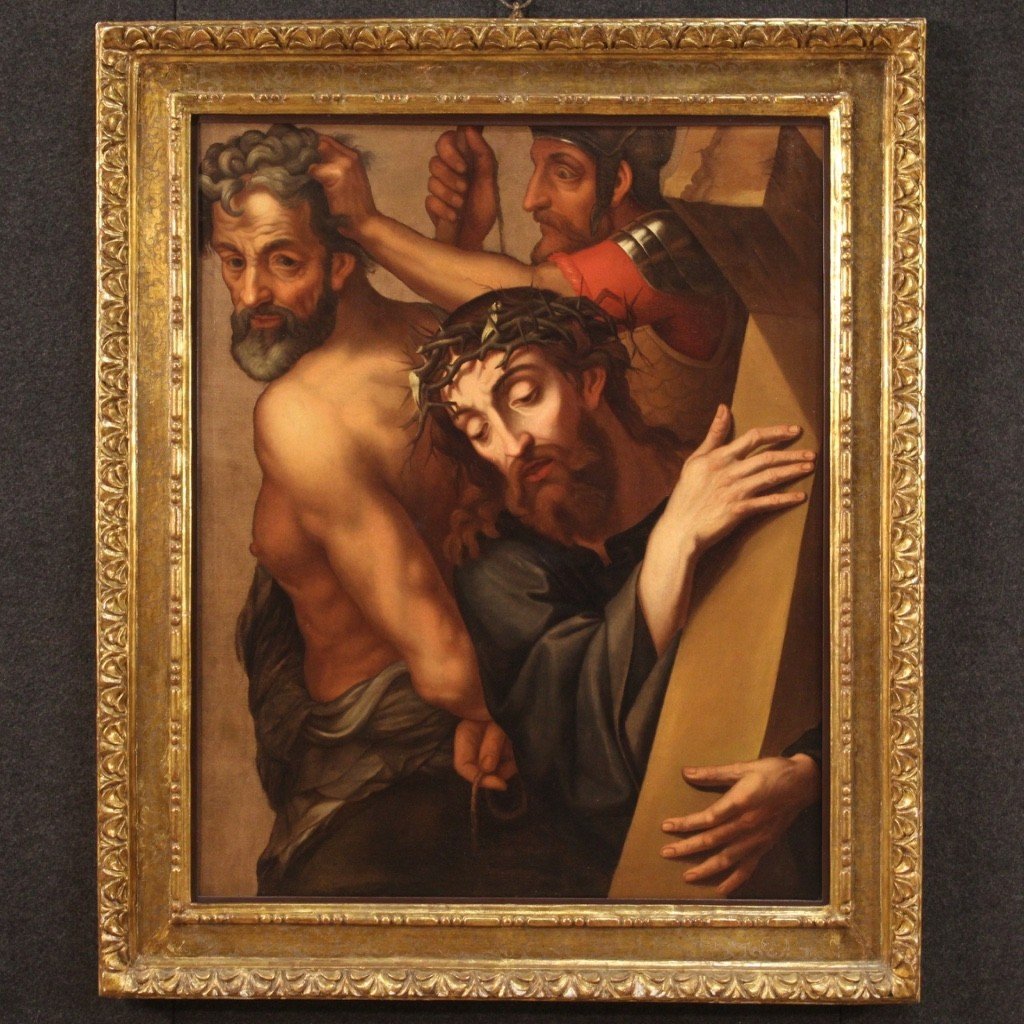 Antico dipinto fiammingo Cristo portacroce del XVII secolo-photo-2