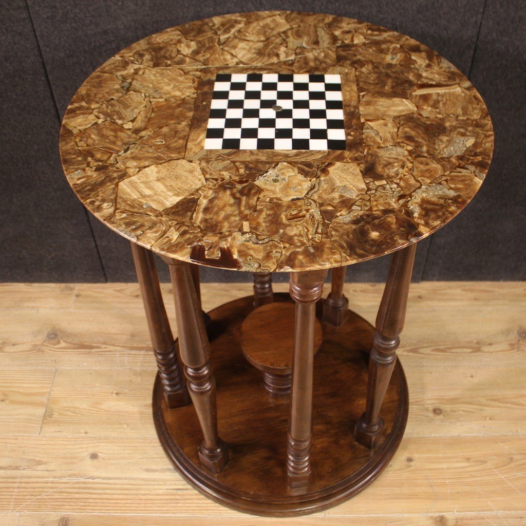 Tavolo da gioco con piano in marmo e onice con scacchiera del XX secolo-photo-2