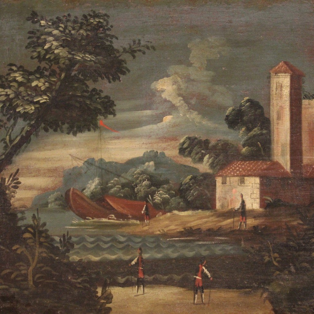 Antico dipinto italiano marina olio su tela del XVIII secolo-photo-2