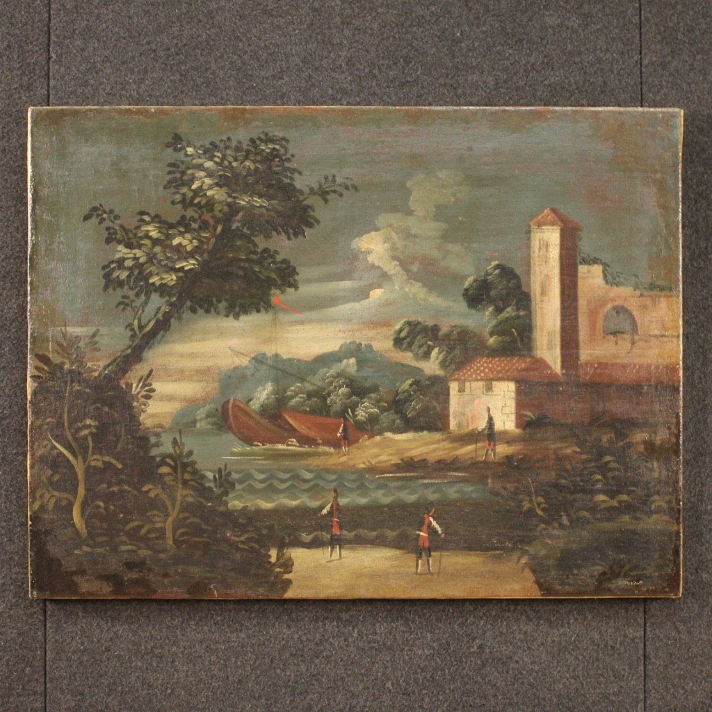 Antico dipinto italiano marina olio su tela del XVIII secolo-photo-4