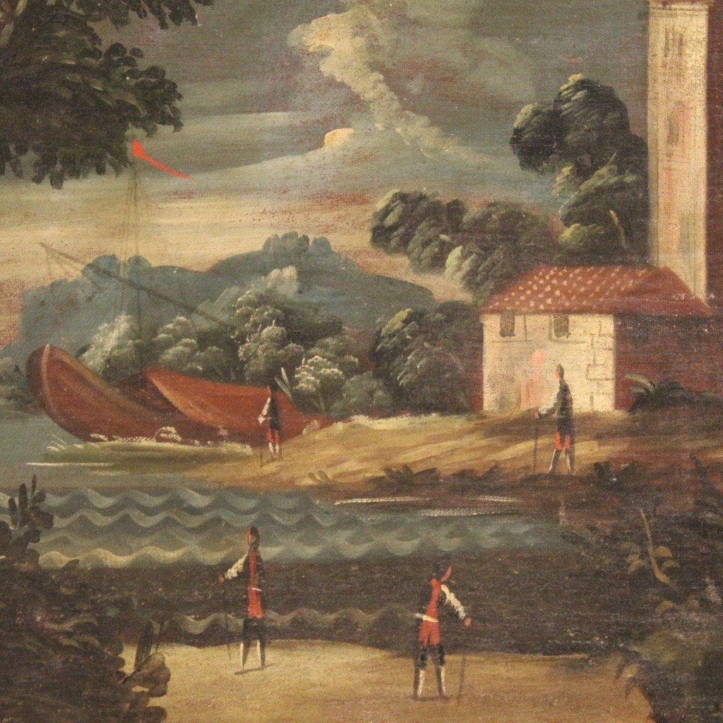 Antico dipinto italiano marina olio su tela del XVIII secolo-photo-3