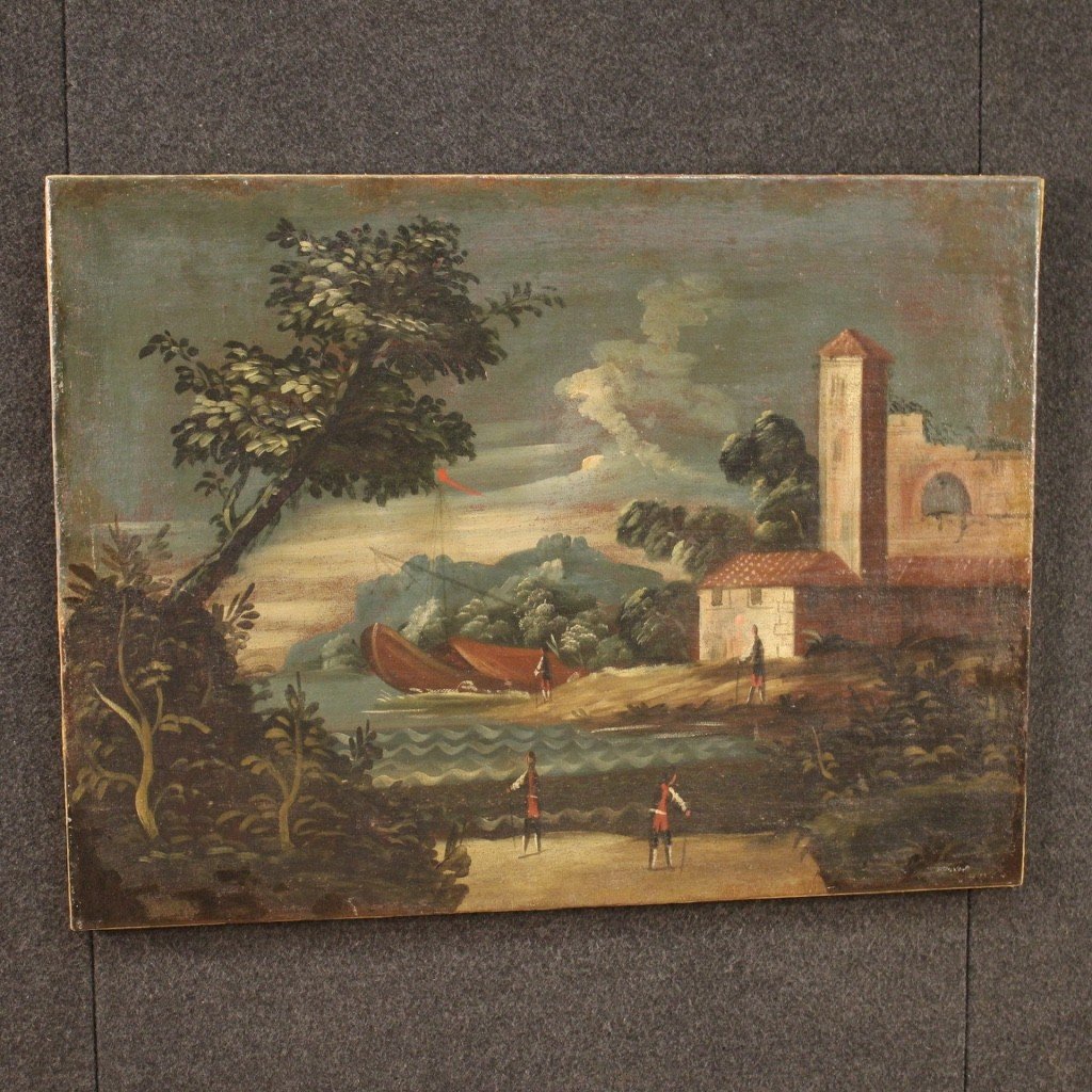 Antico dipinto italiano marina olio su tela del XVIII secolo-photo-5