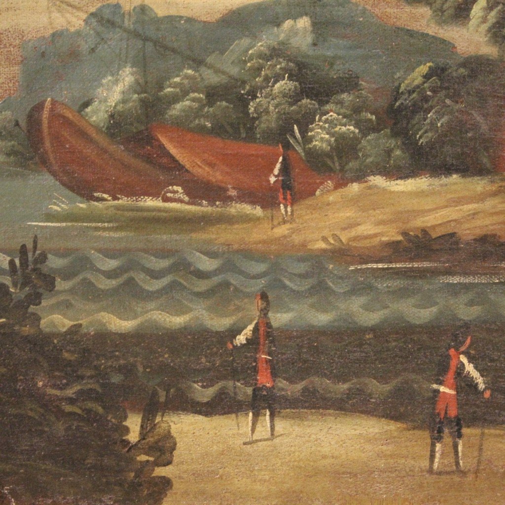 Antico dipinto italiano marina olio su tela del XVIII secolo-photo-7