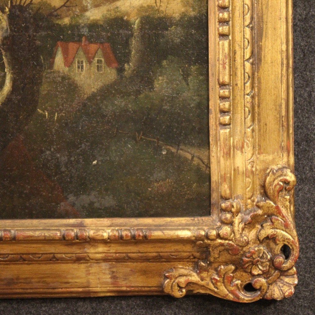 Antico dipinto francese olio su tela paesaggio del XVIII secolo-photo-4