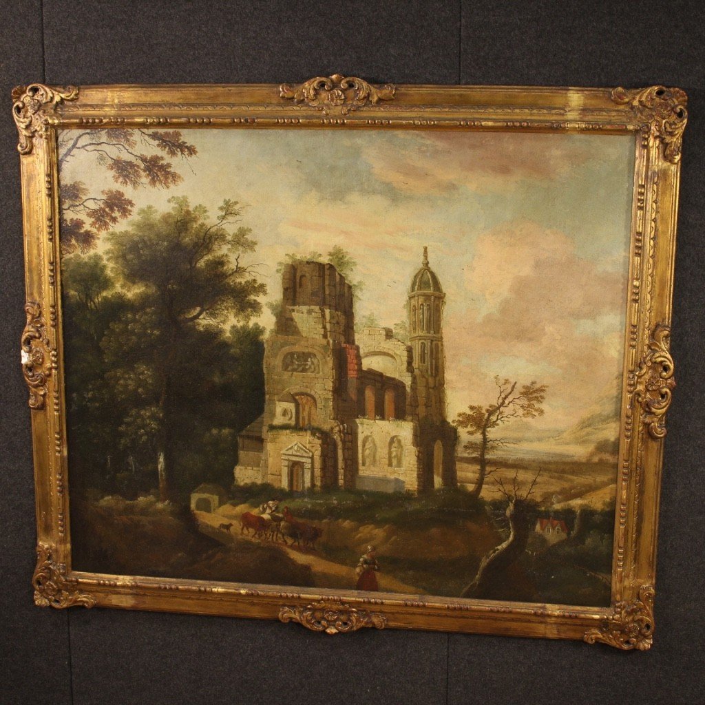 Antico dipinto francese olio su tela paesaggio del XVIII secolo-photo-2