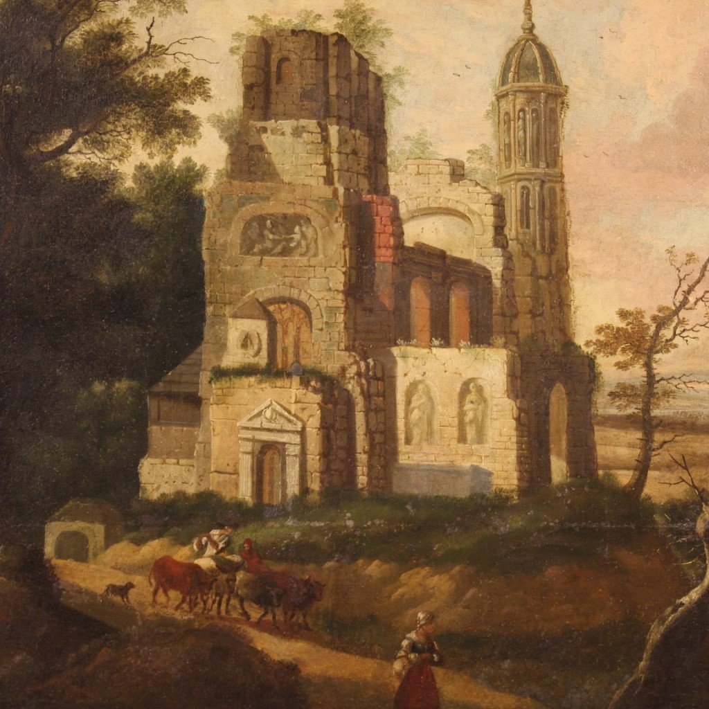 Antico dipinto francese olio su tela paesaggio del XVIII secolo-photo-3
