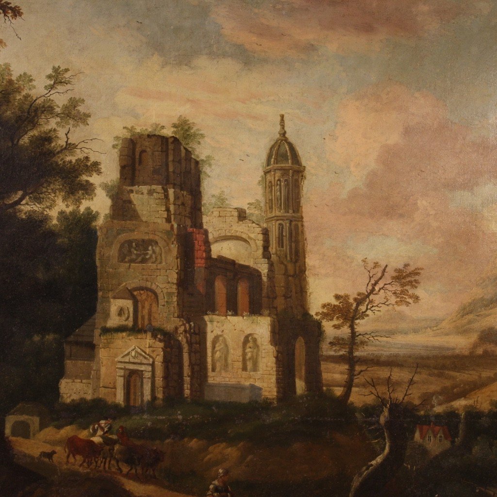 Antico dipinto francese olio su tela paesaggio del XVIII secolo-photo-4
