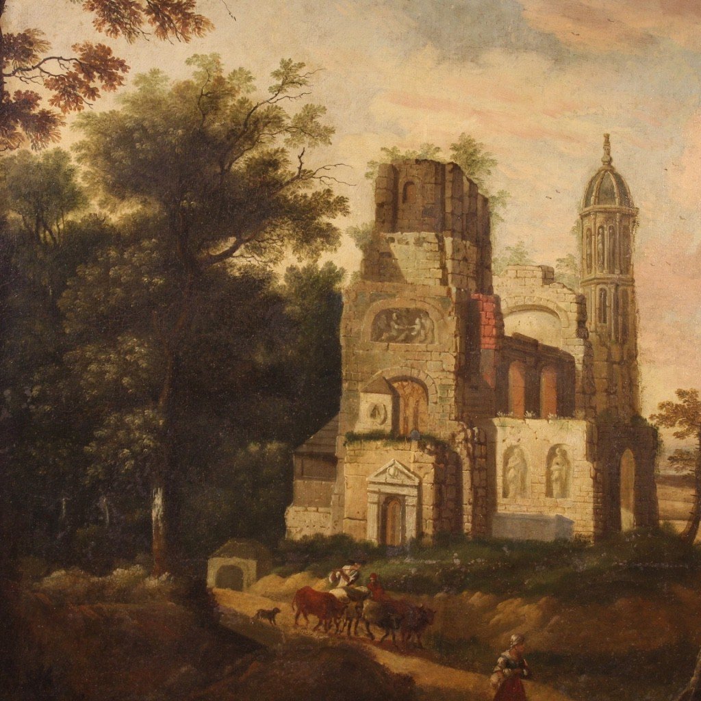 Antico dipinto francese olio su tela paesaggio del XVIII secolo-photo-5