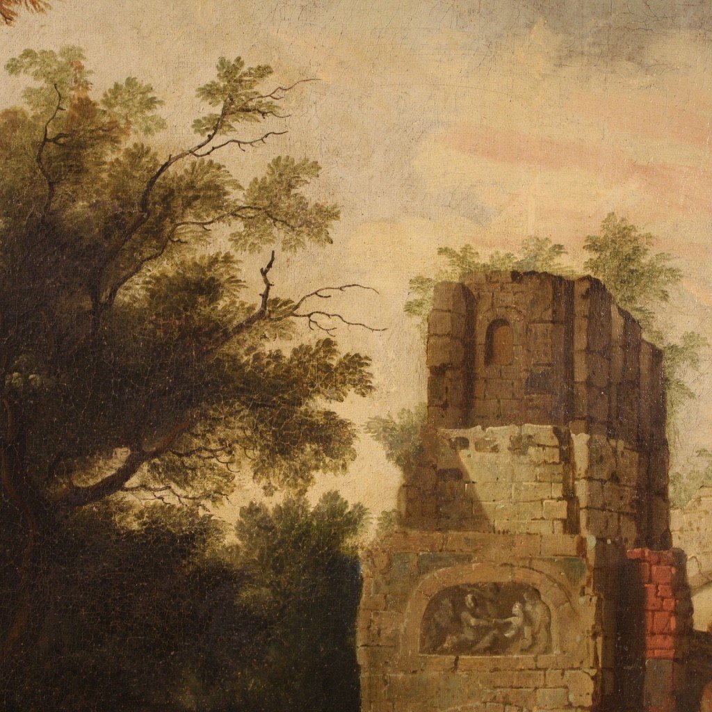 Antico dipinto francese olio su tela paesaggio del XVIII secolo-photo-6