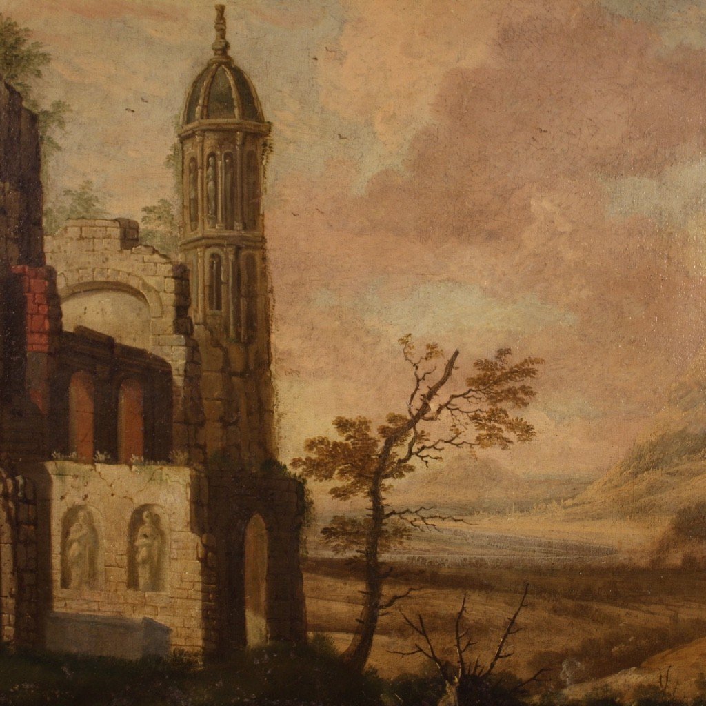 Antico dipinto francese olio su tela paesaggio del XVIII secolo-photo-8