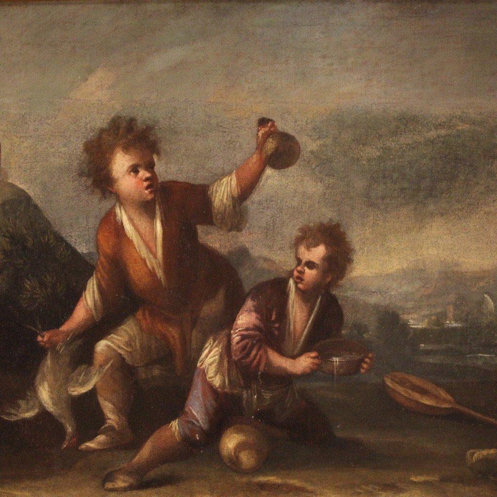 Dipinto italiano paesaggio con bambini del XVIII secolo-photo-2