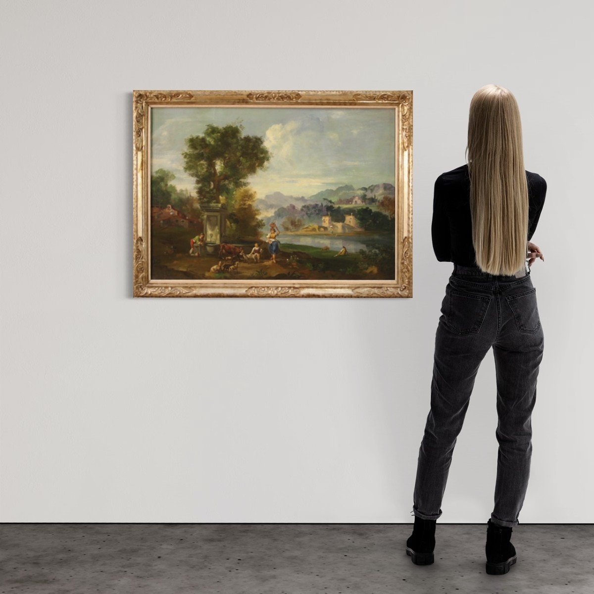 Dipinto olio su tela paesaggio con figure del XX secolo-photo-3
