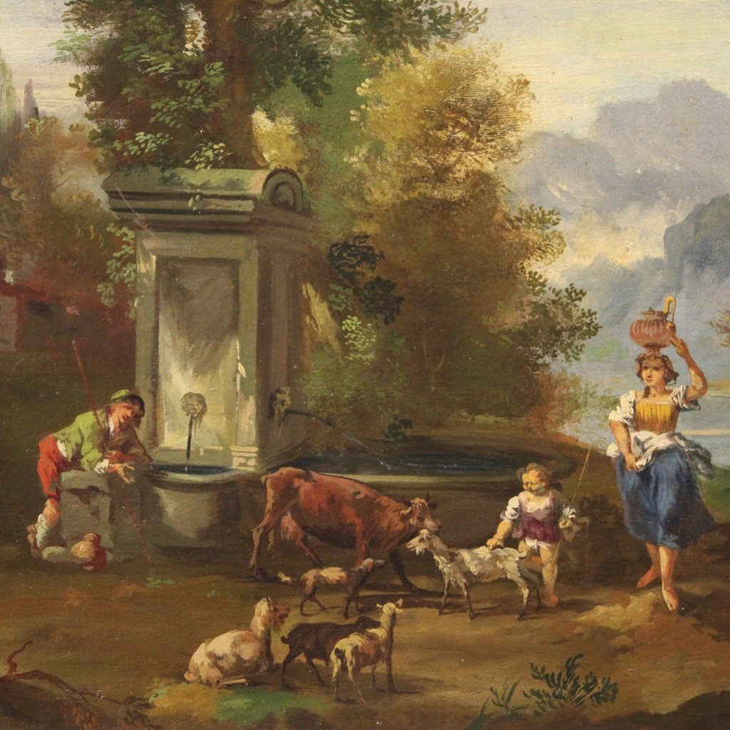 Dipinto olio su tela paesaggio con figure del XX secolo-photo-2