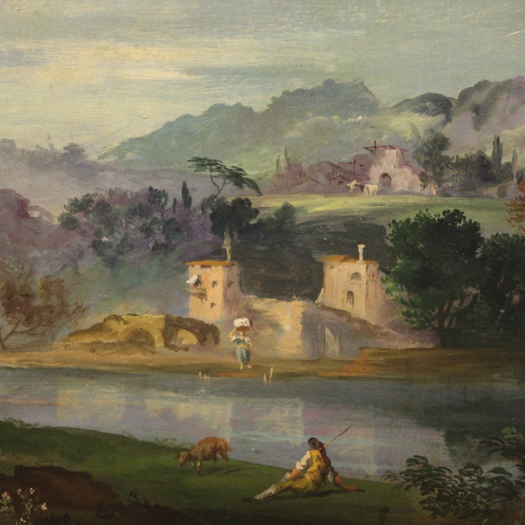 Dipinto olio su tela paesaggio con figure del XX secolo-photo-4