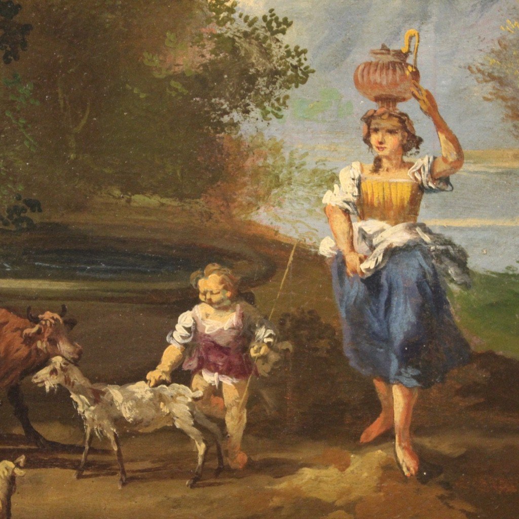 Dipinto olio su tela paesaggio con figure del XX secolo-photo-8