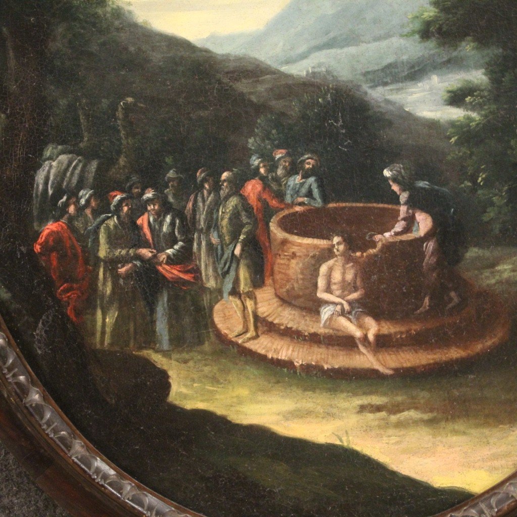 Antico dipinto italiano ovale del XVIII secolo "Giuseppe al pozzo"-photo-3