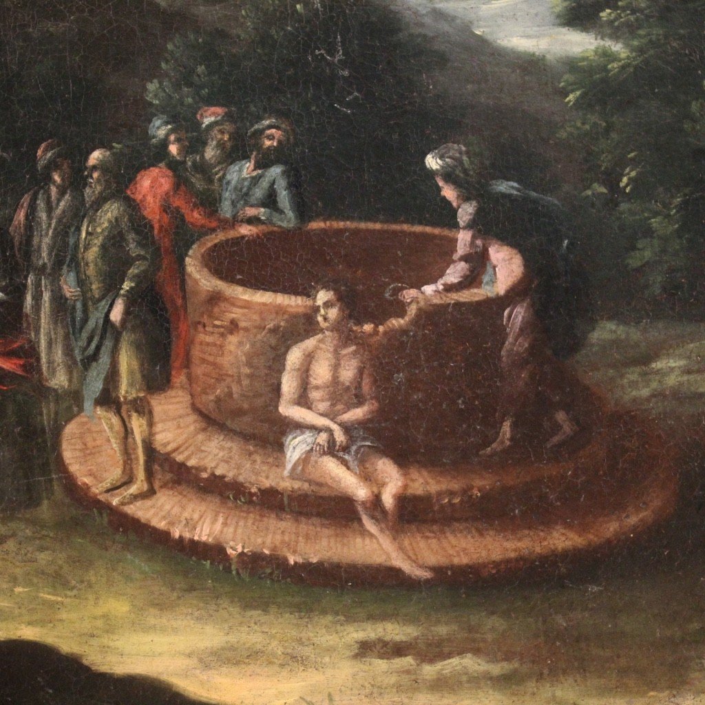 Antico dipinto italiano ovale del XVIII secolo "Giuseppe al pozzo"-photo-4