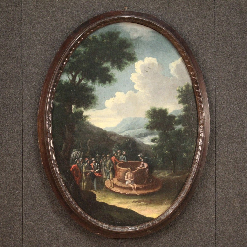 Antico dipinto italiano ovale del XVIII secolo "Giuseppe al pozzo"-photo-7