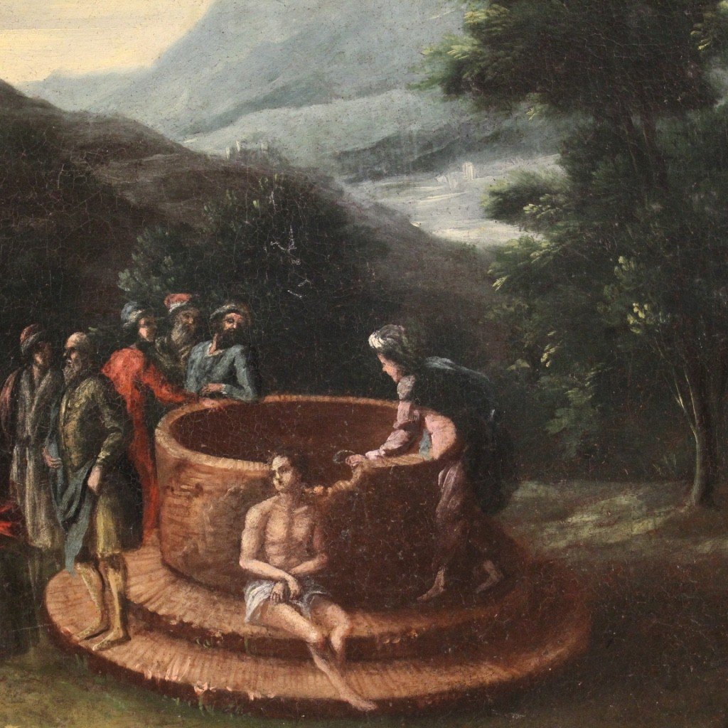 Antico dipinto italiano ovale del XVIII secolo "Giuseppe al pozzo"-photo-8