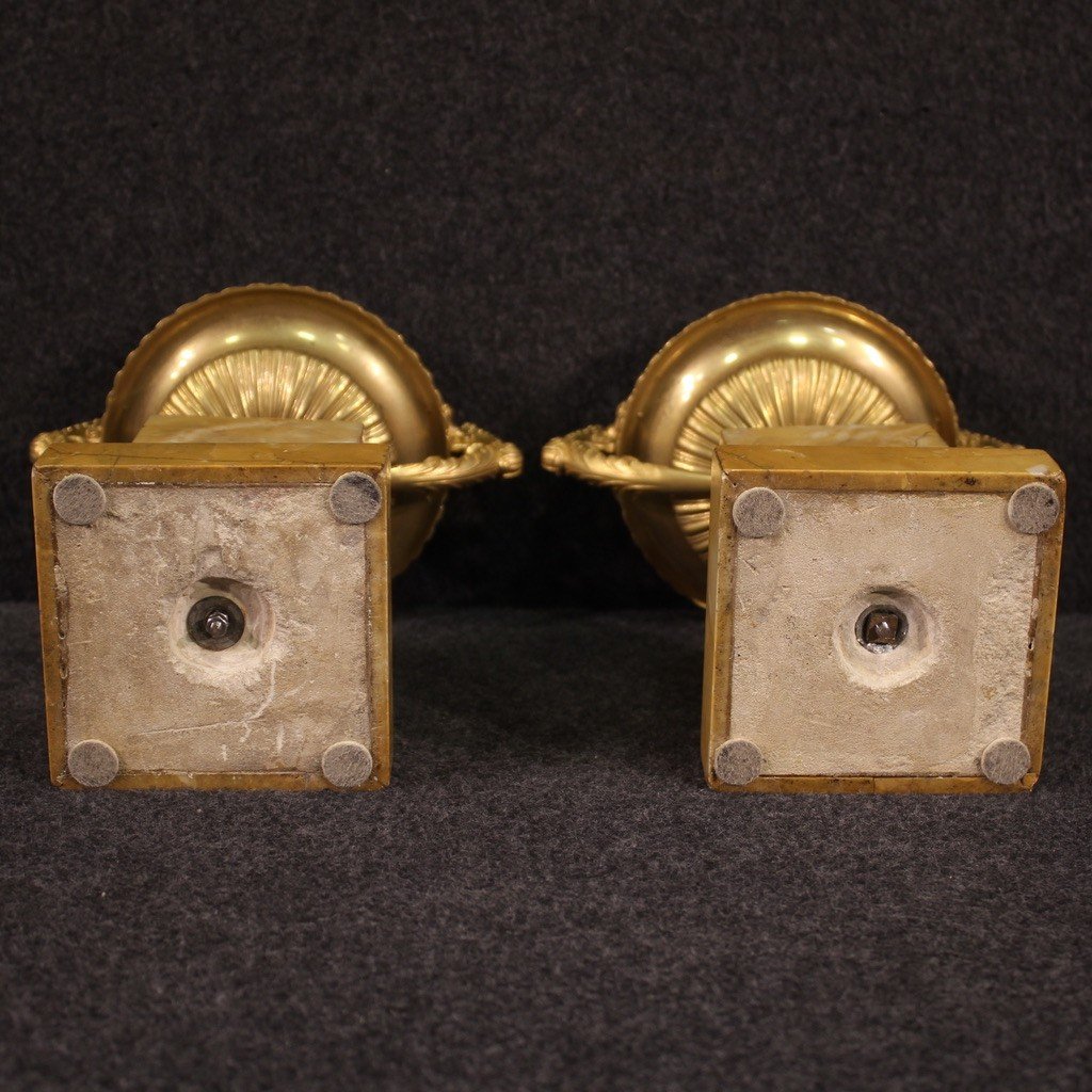 Coppia di alzate in bronzo dorato e marmo giallo del XX secolo-photo-8