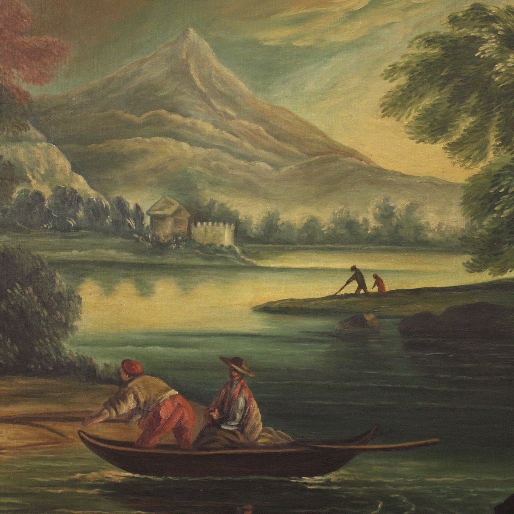 Dipinto olio su tela veduta di fiume con personaggi-photo-3