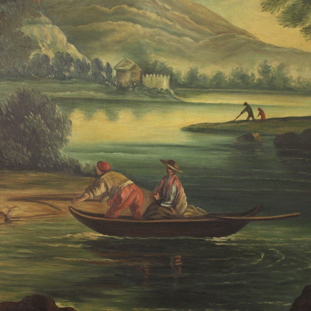 Dipinto olio su tela veduta di fiume con personaggi-photo-6