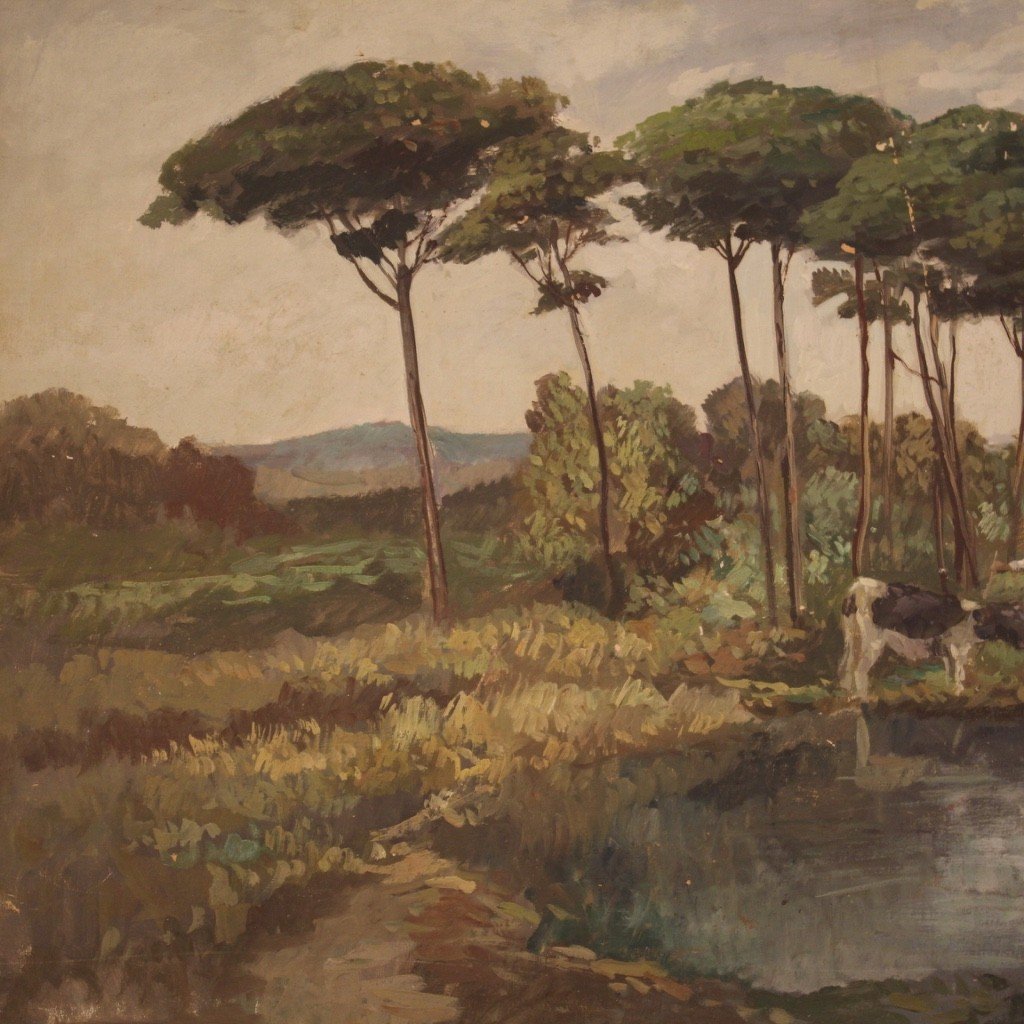 Grande dipinto francese paesaggio firmato del XX secolo-photo-4