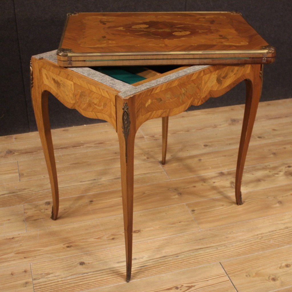 Tavolino da gioco francese in legno intarsiato del XX secolo-photo-4