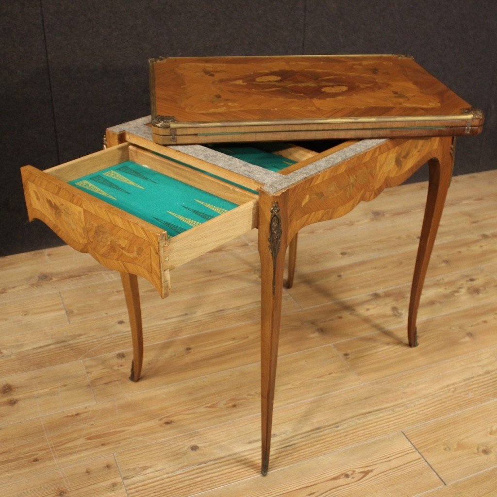 Tavolino da gioco francese in legno intarsiato del XX secolo-photo-1